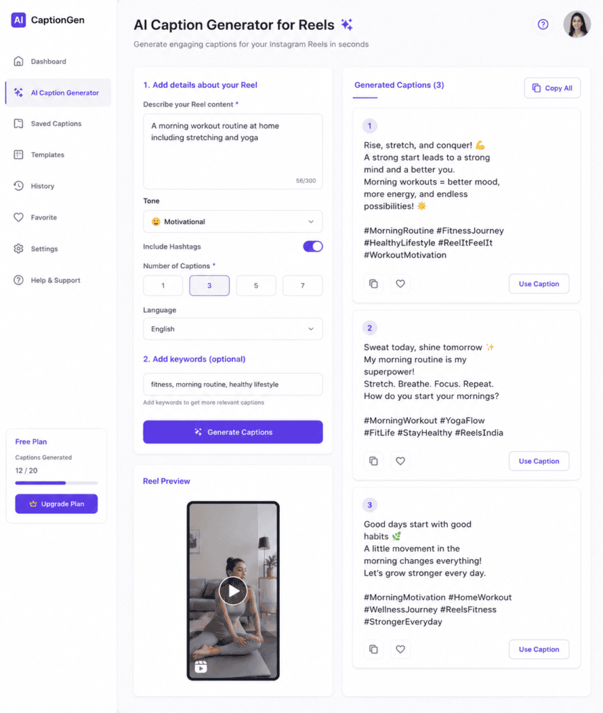 AI caption generator interface for Instagram Reels showing caption creation, Reel preview, hashtag options, and AI-generated captions.