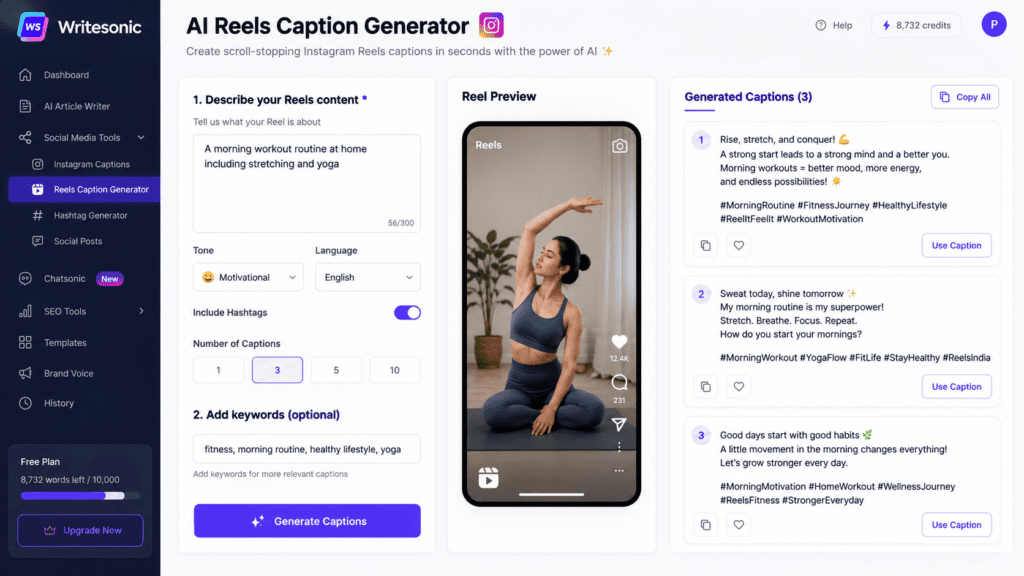 AI caption generator interface for Instagram Reels showing caption creation, Reel preview, hashtag options, and AI-generated captions.