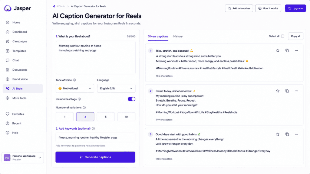 AI caption generator interface for Instagram Reels showing caption creation, Reel preview, hashtag options, and AI-generated captions.