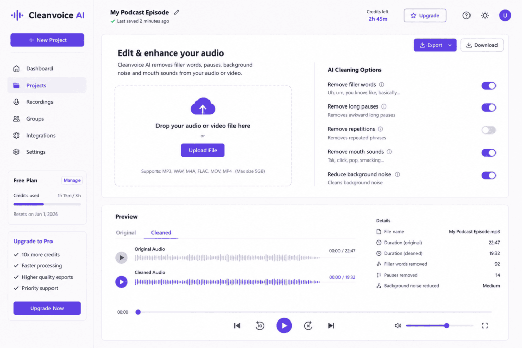 AI podcast editor removing silent pauses