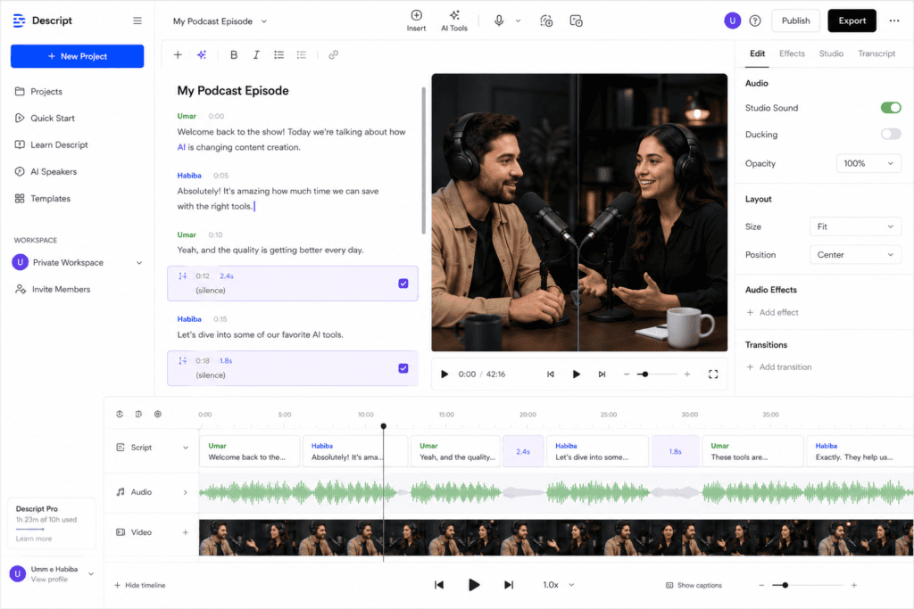 AI podcast editor removing silent pauses