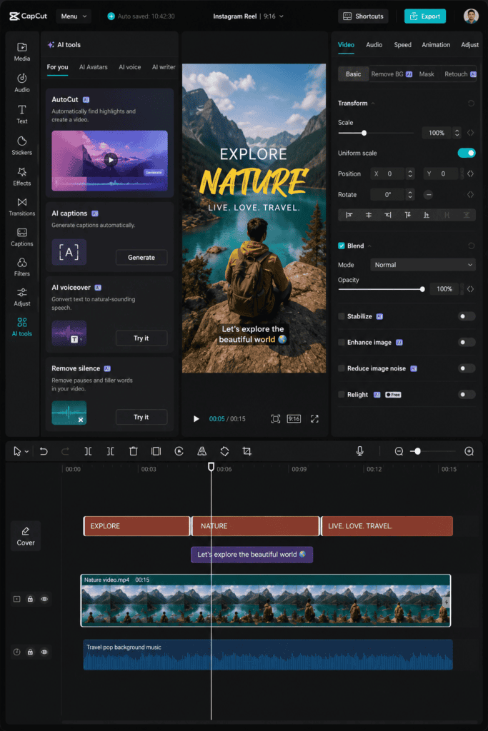 AI caption generator interface for Instagram Reels showing caption creation, Reel preview, hashtag options, and AI-generated captions.