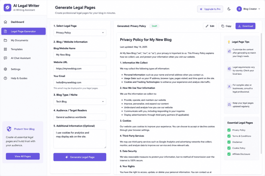 New blogger using an AI writing assistant to create legal pages