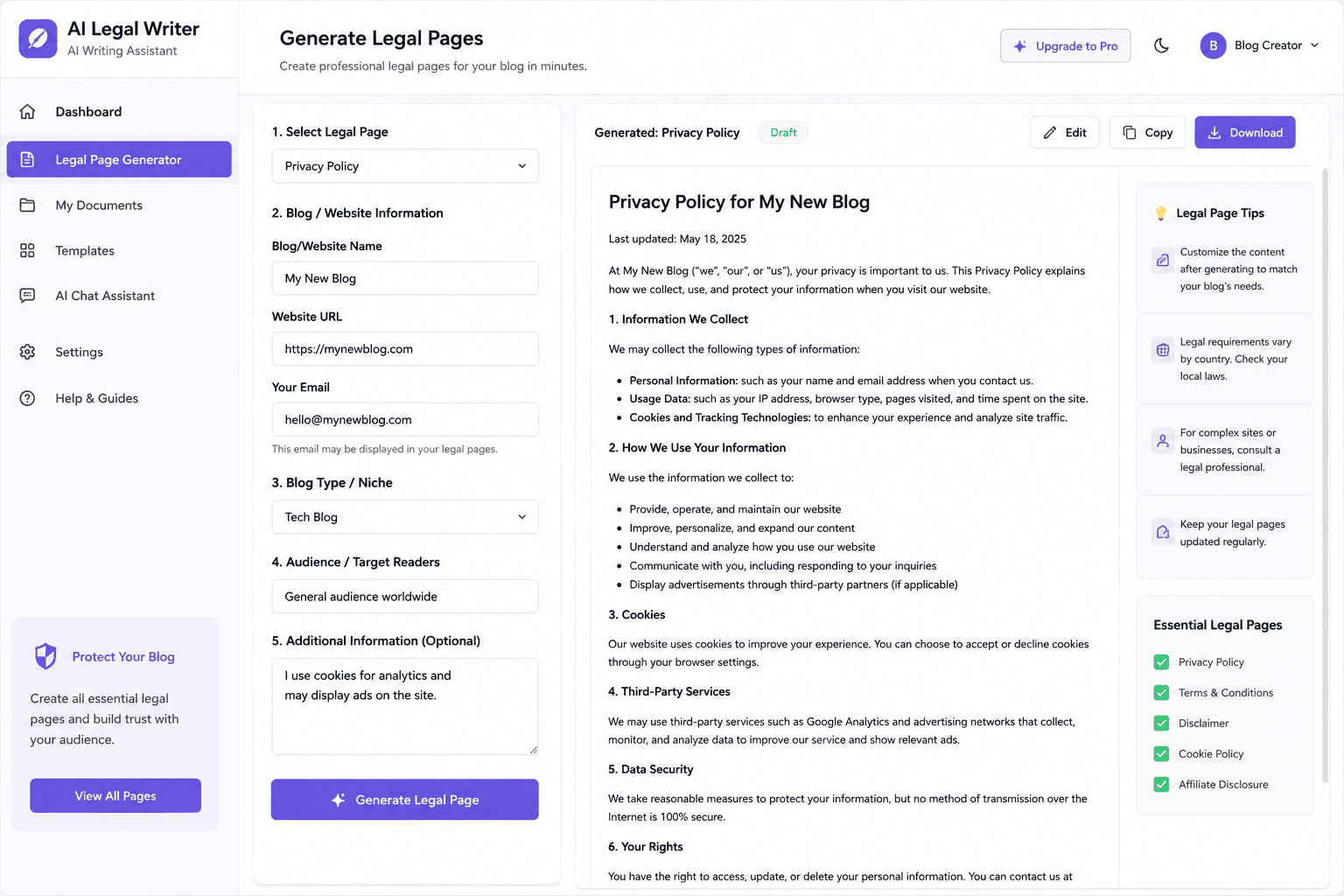 Ultimate Free AI Tools for New Blog Legal Pages
