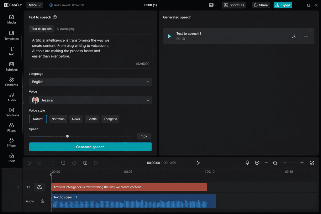 ElevenLabs free tier vs CapCut text to speech interface comparison showing AI voice generation features and audio editing tools.