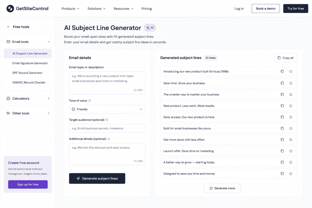GetSiteControl AI subject line generator interface