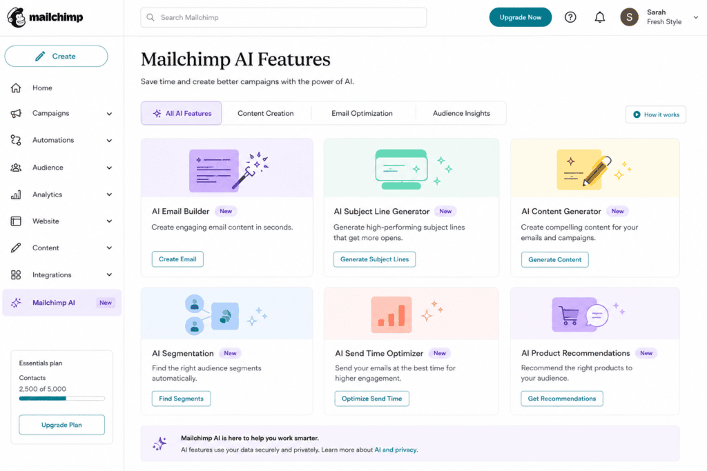 Mailchimp AI features for generating email subject lines
