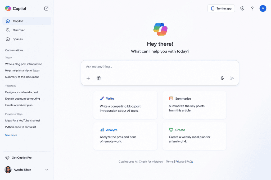 Microsoft Copilot vs Google Gemini interface comparison for writing professional emails, showing AI writing prompts, email drafting features, and productivity tools.