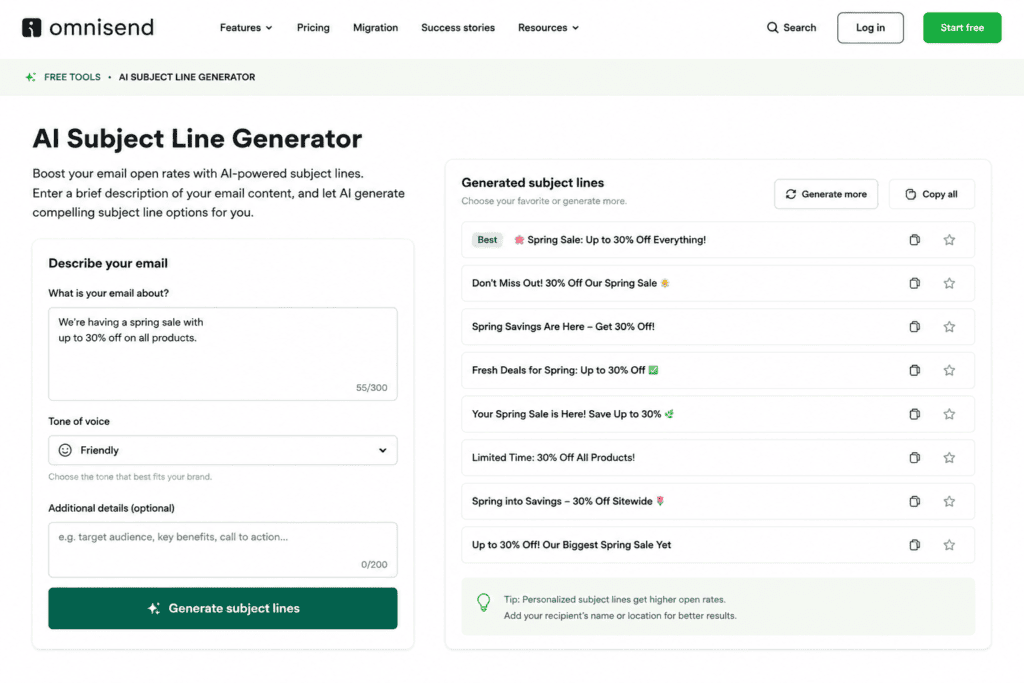 Omnisend AI subject line generator for email marketing